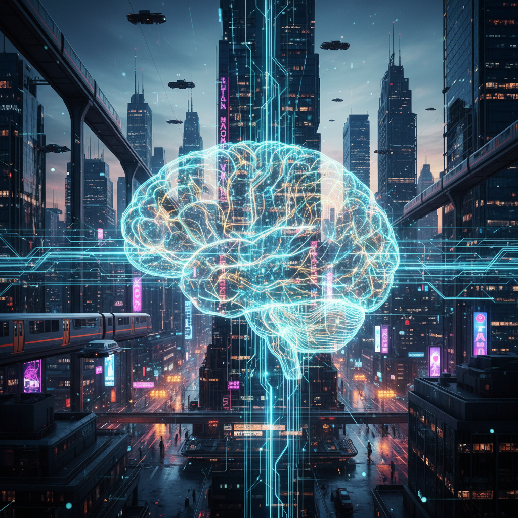 Uma representação visual das tendências de IA para 2026, com uma rede neural de inteligência artificial brilhando sobre uma cidade futurista, simbolizando o futuro da tecnologia.